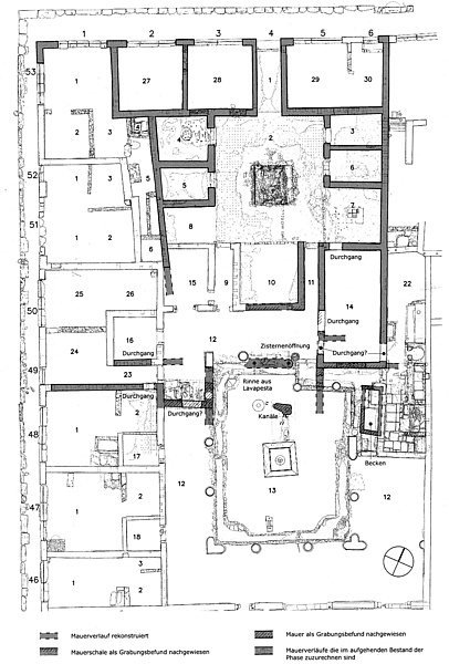 Grundriss der Casa dei Postumii mit den Ergebnissen der Untersuchungen (Grafik Dickmann, Pirson)