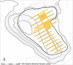 The Greek settlement near Babunjë north of Apollonia. Plan based on geophysical investigations (plan: Fiedler, Döhner, Pánczél; investigations: Lischewsky, Lenkey).