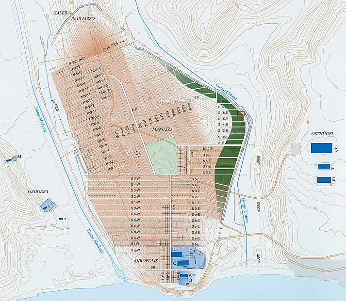 Stadtplan des antiken Selinunt, grün: das Handwerkerviertel. 