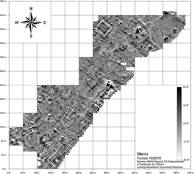 Ergebnisse der Magnetometerprospektion des Stadtzentrums von Meninx 2015 (Grafik Fassbinder und Kühne)