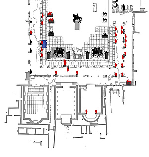Plan des südlichen Teils des Forum mit Angabe der Standorte von Statuen (in Rot: neu entdeckt) (Zeichnung Zahn, Müller, Kockel)