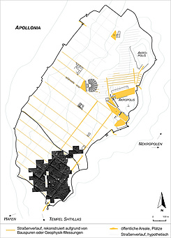 Apollonia. Vorläufige Rekonstruktion der Straßenraster hauptsächlich auf Basis geophysikalischer Messungen (Messungen Oberstadt: Delouis u.a. 2007; Messungen Unterstadt: Buess u.a. 2010).