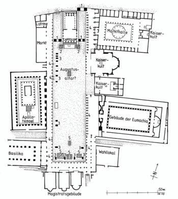 Das Forum von Pompeji. Das sog. Comitium (»Wahllokal«) unten rechts. (P. Zanker, Pompeji. Stadtbilder als Spiegel von Gesellschaft und Herrschaftsform. Mainz 1988, Abb. 12)